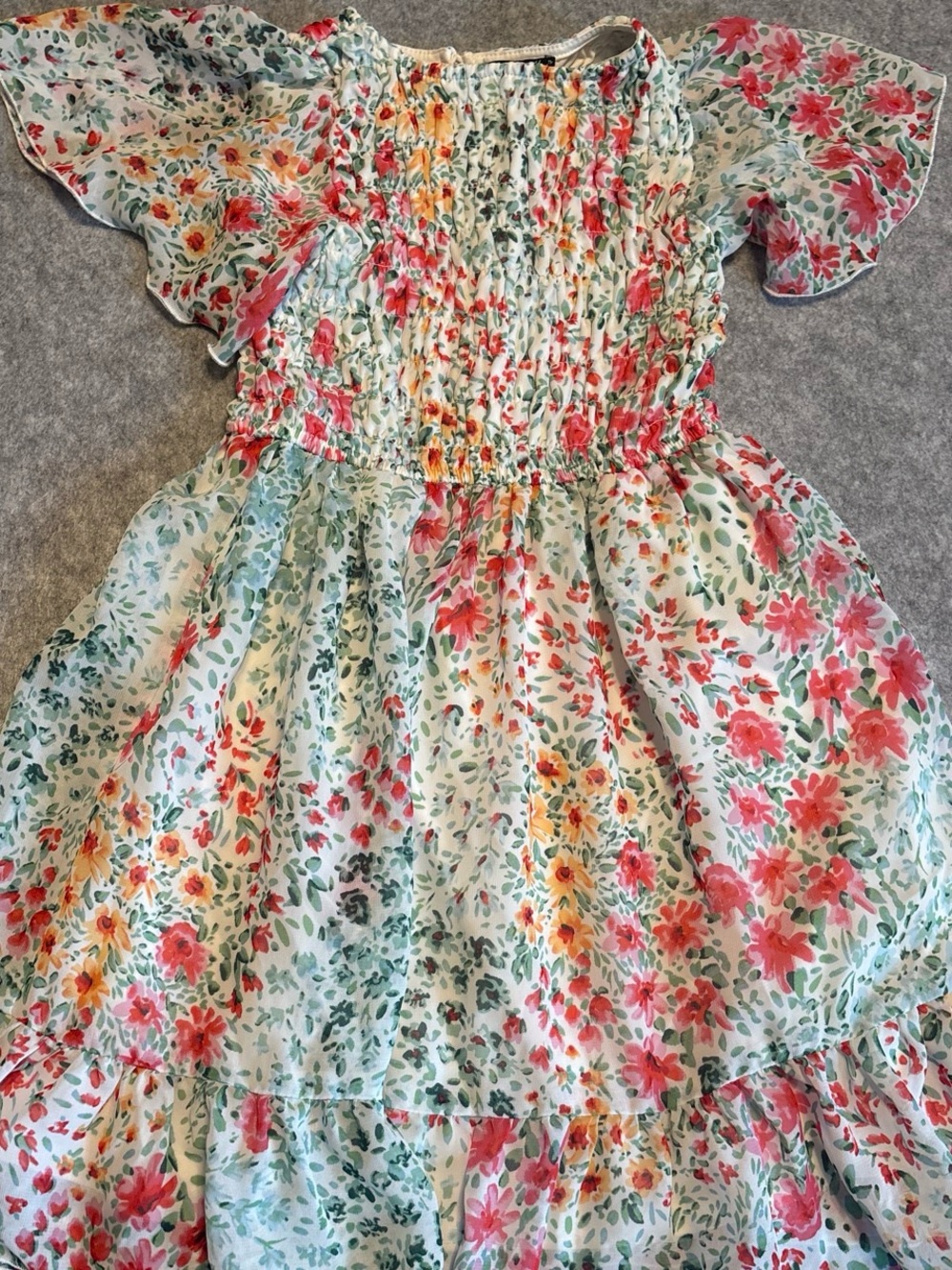 Smocked Floral Girls' Dress in Cream with Pink & Green